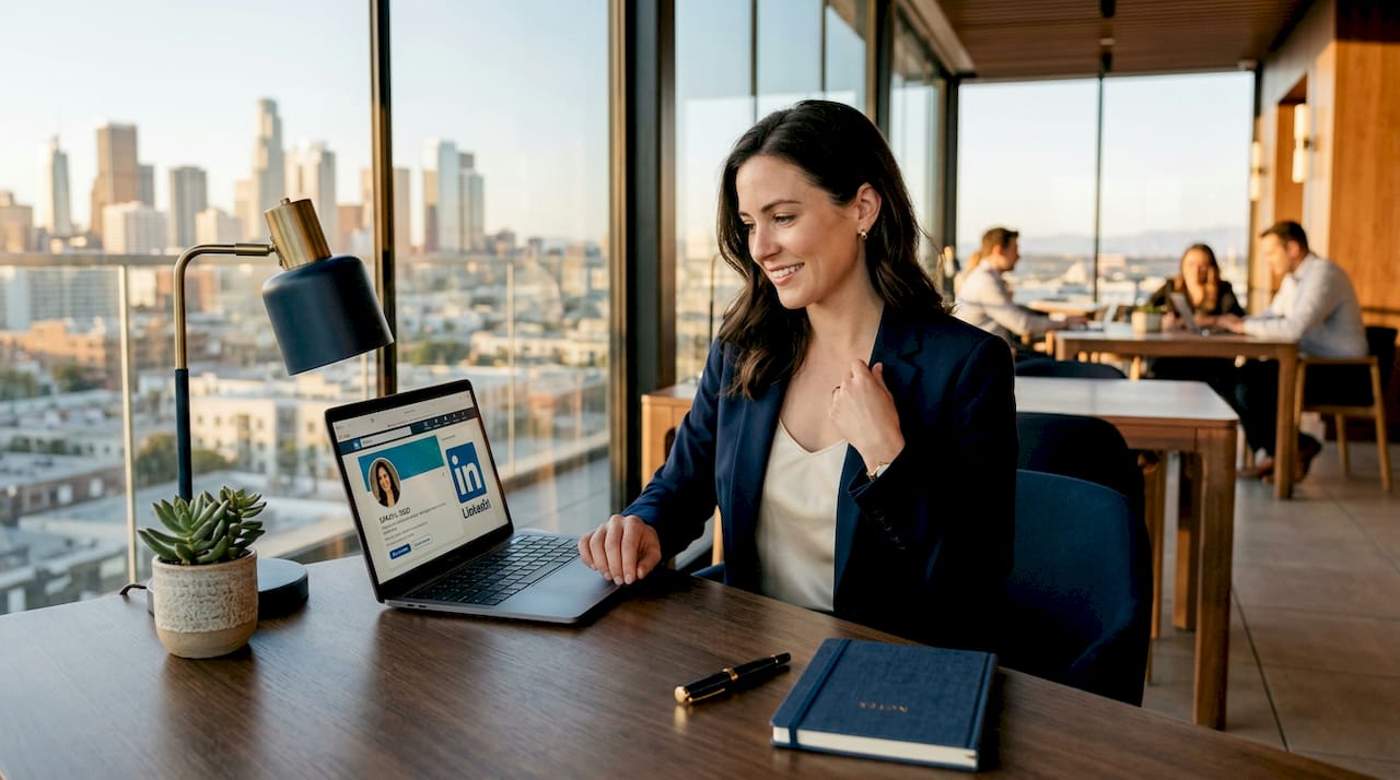 Professional reviews LinkedIn photo in office