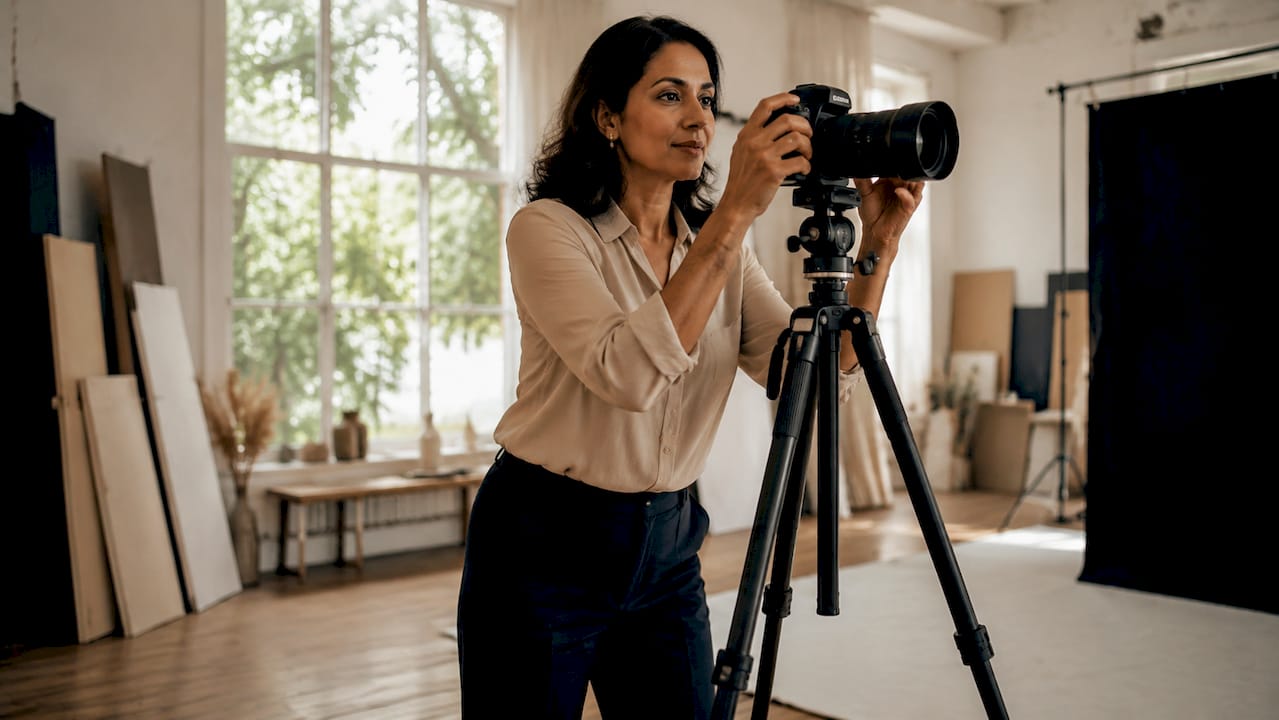 Business portrait studio lighting setup with female subject